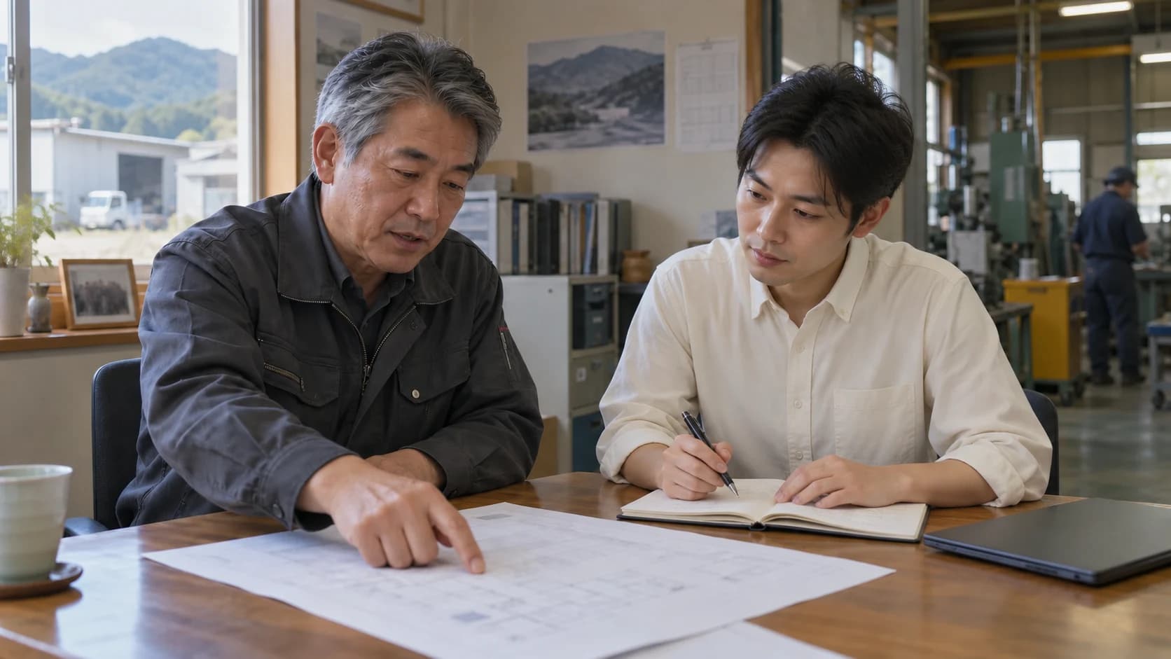 説明用イメージ。地域企業の経営者と30代の男性専門人材が資料を見ながら仕事の内容を確認する様子。
