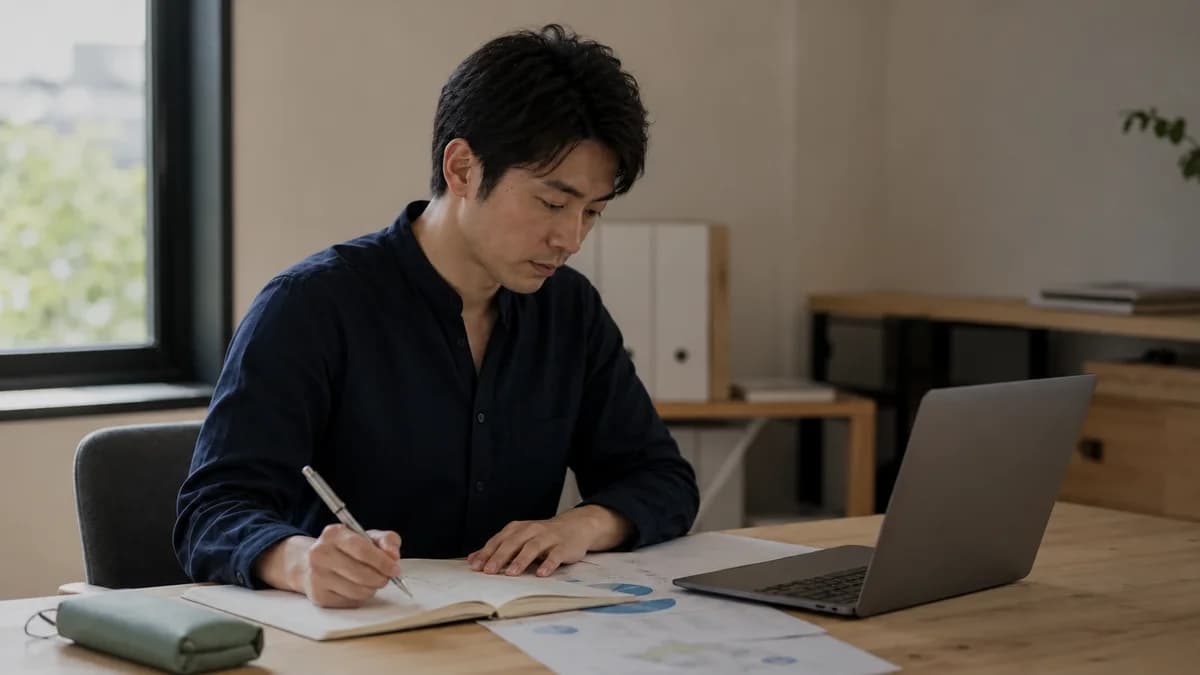 説明用イメージ。30代の男性専門人材が資料を読み、ノートに進め方を整理する様子。