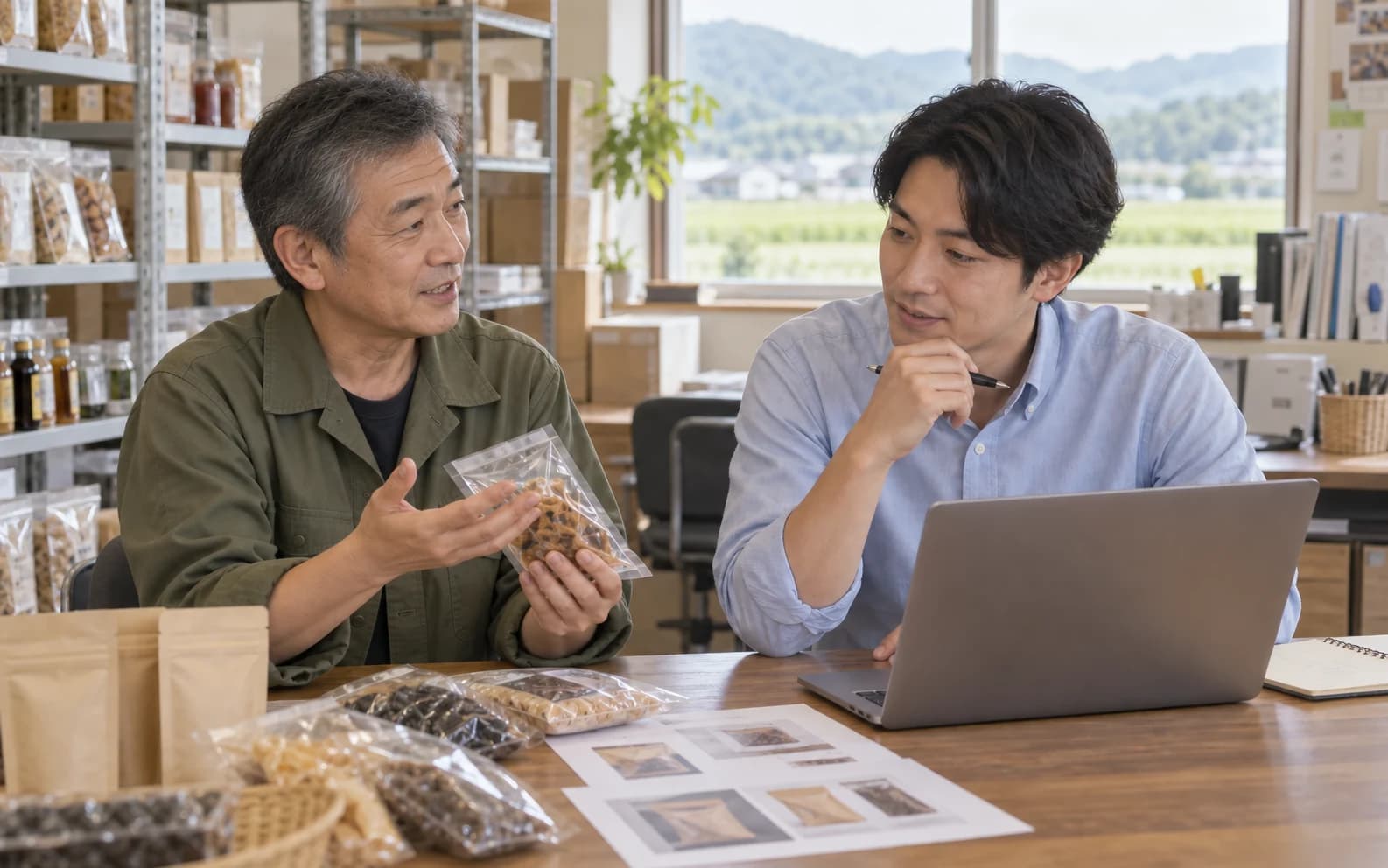 説明用イメージ。地域の食品事業を営む年配の男性経営者が商品を説明し、30代の男性専門人材が話を聞く様子。
