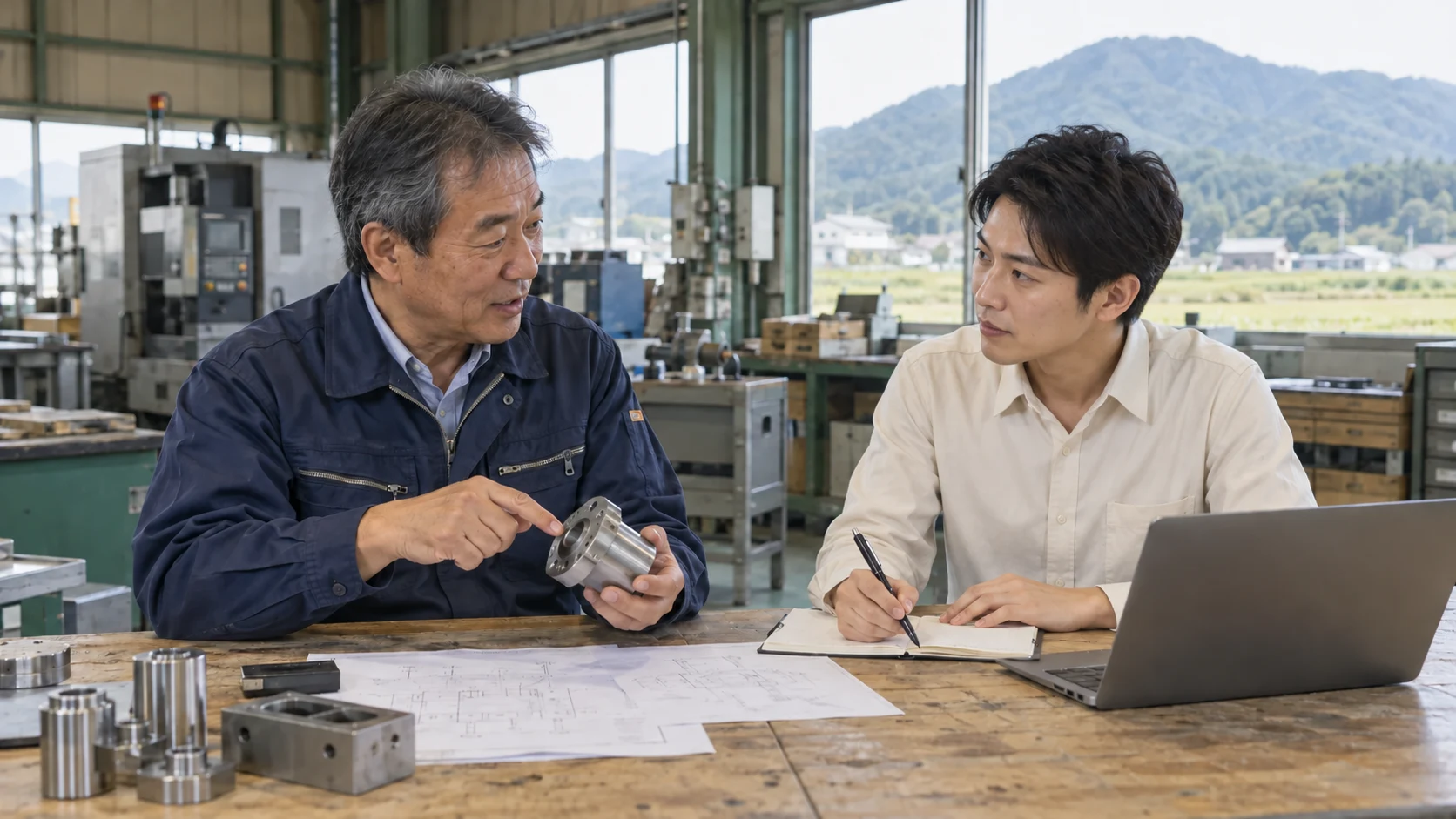 説明用イメージ。作業着の年配の男性経営者が製品を説明し、30代の男性専門人材が話を聞いてメモを取る様子
